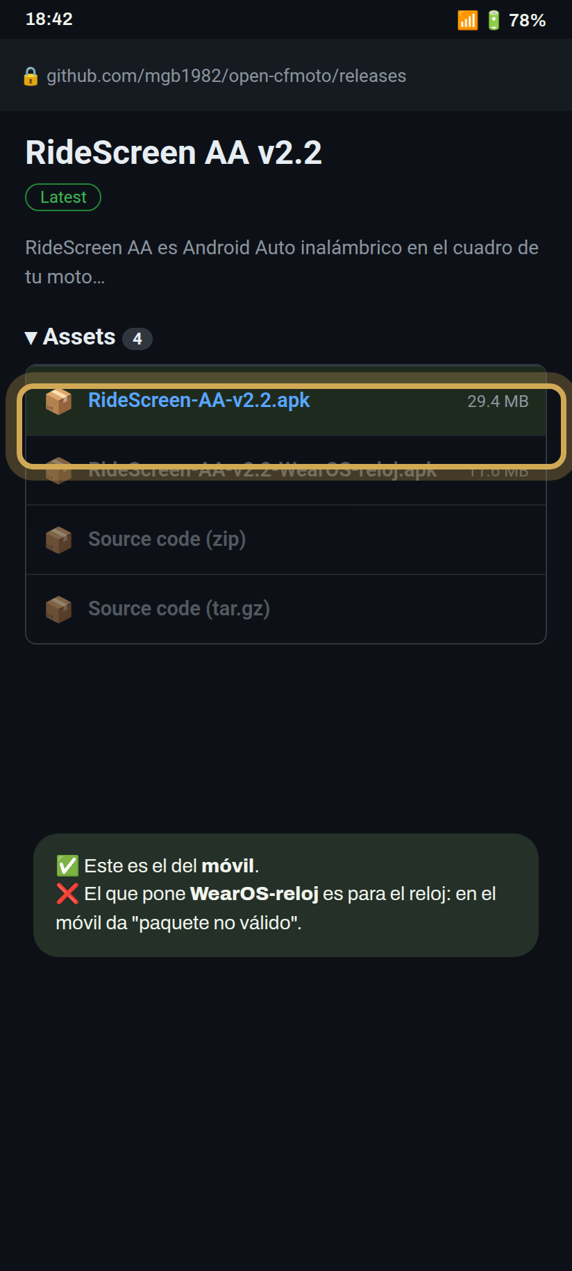 Página de descarga en GitHub con el APK del móvil resaltado