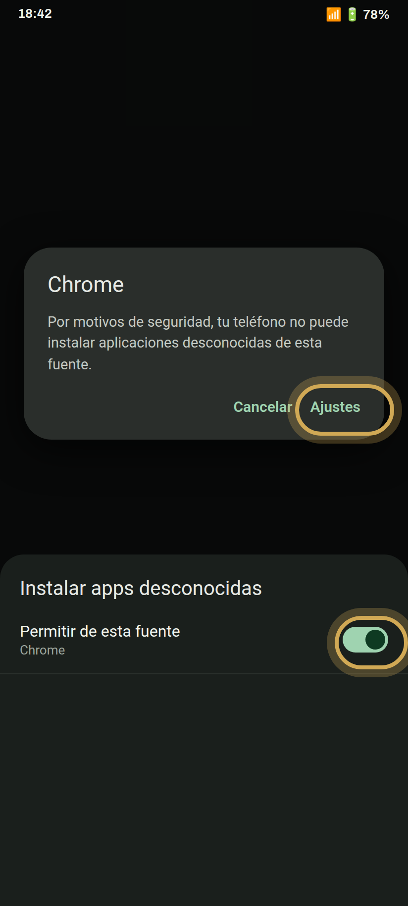 Aviso de Android y el interruptor Permitir de esta fuente