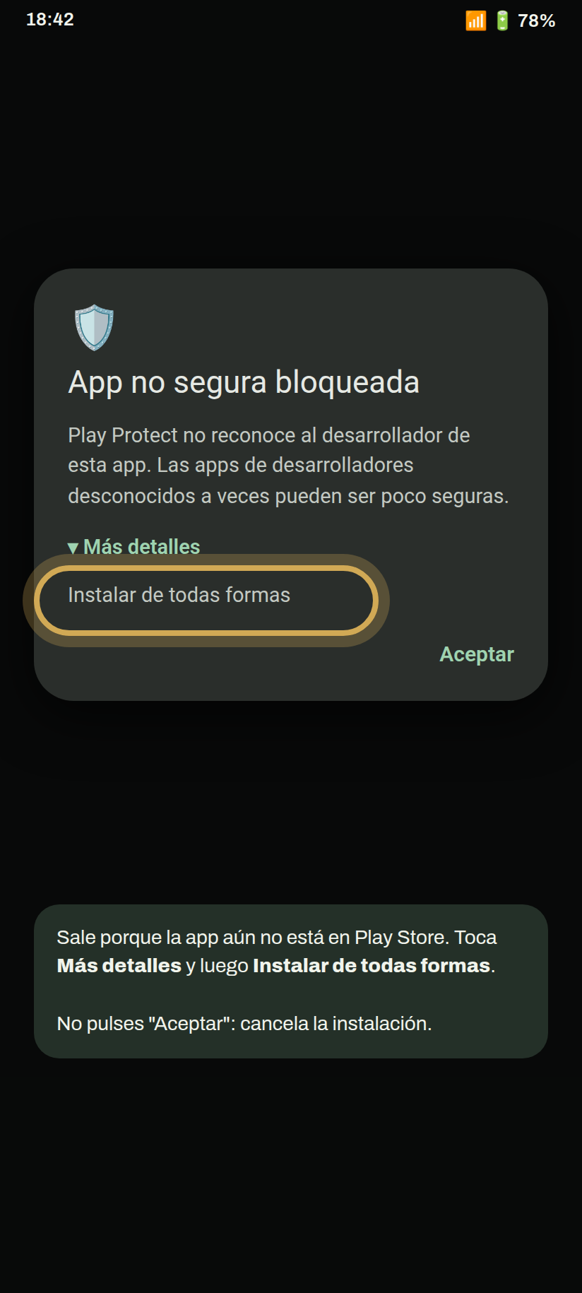 Aviso de Play Protect con Instalar de todas formas resaltado