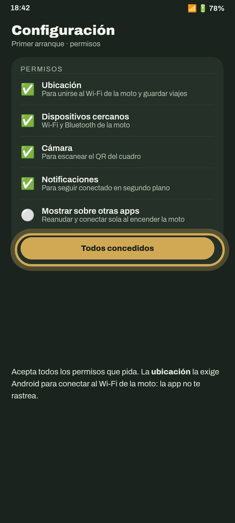 Pantalla de permisos de RideScreen con el botón Todos concedidos