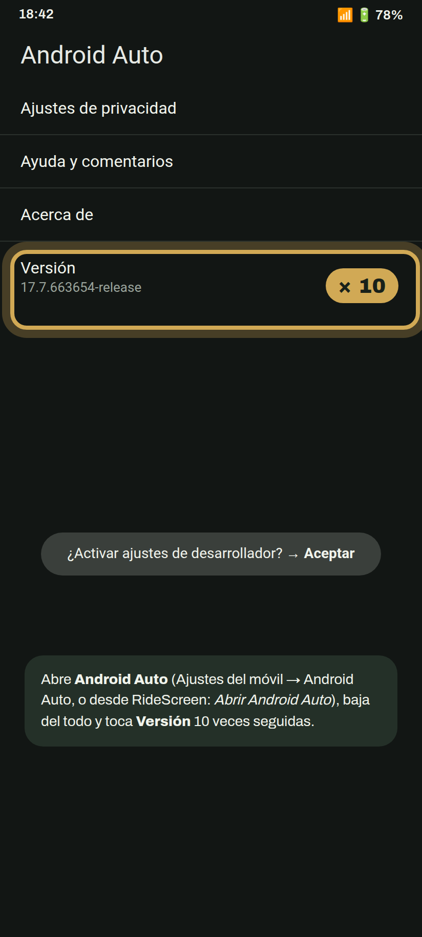 Ajustes de Android Auto con Versión resaltado y la indicación de tocar 10 veces