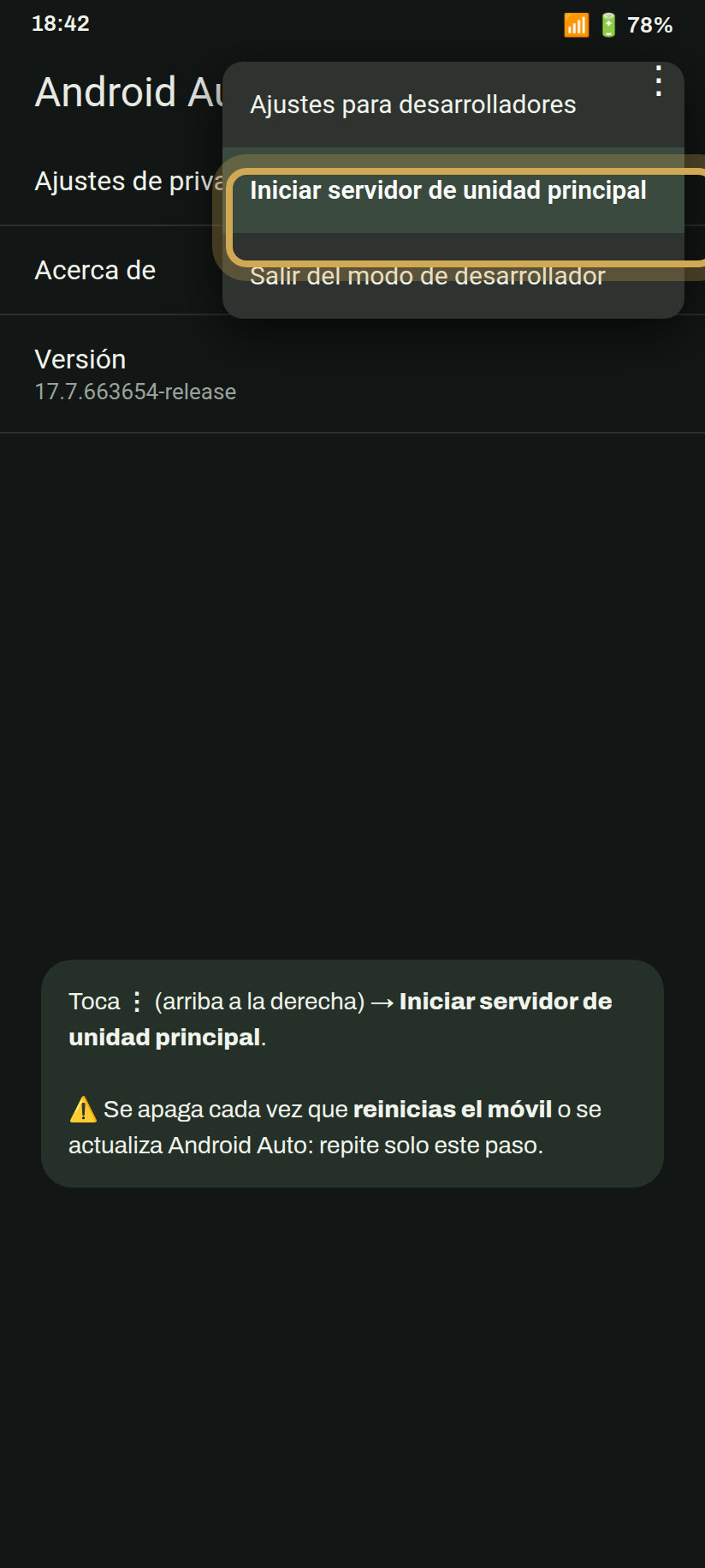 Menú de Android Auto con Iniciar servidor de unidad principal resaltado