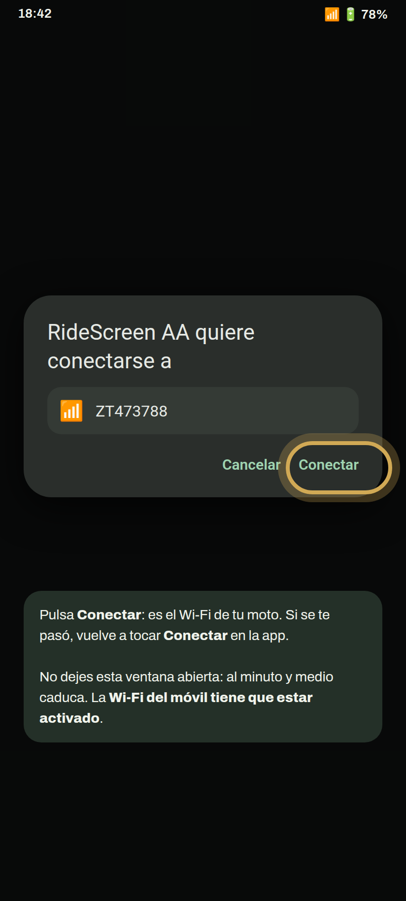 Ventana de Android para conectar al Wi‑Fi de la moto con Conectar resaltado