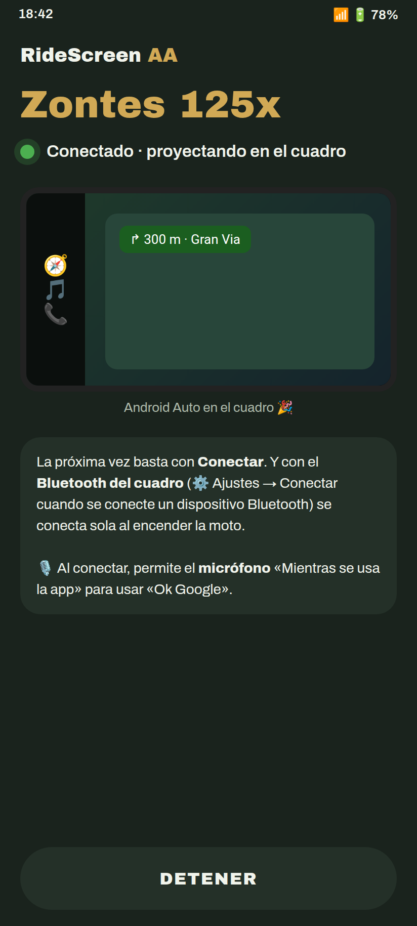 RideScreen conectado, con Android Auto en el cuadro