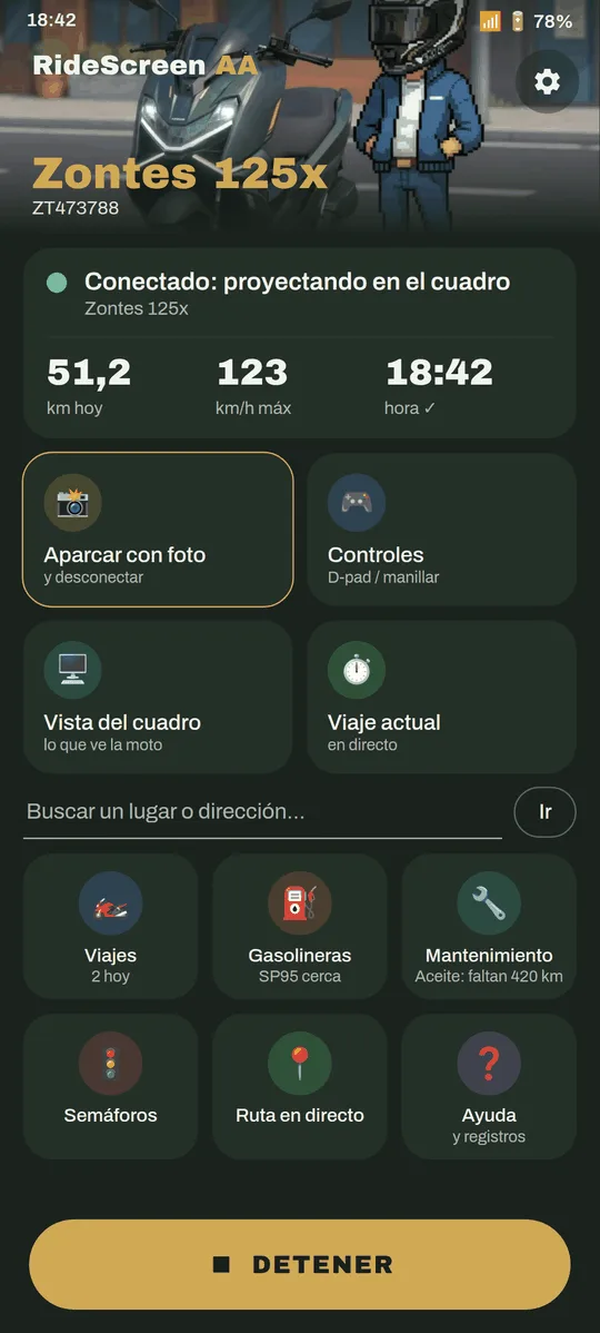 Pantalla principal de RideScreen AA conectada a la moto