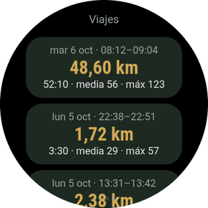 Lista de viajes con kilómetros, tiempo y velocidades